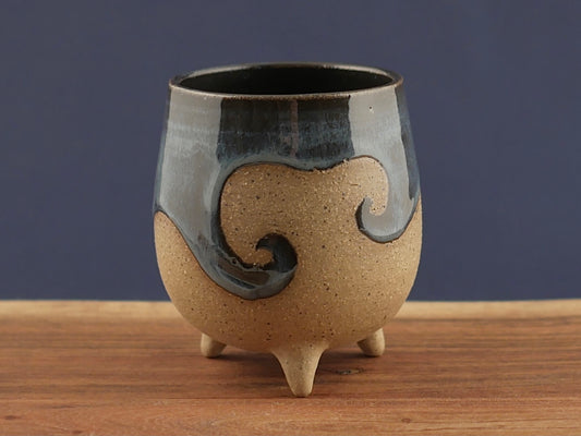 Handmade Tripod Pottery Cup - Ocean Wave