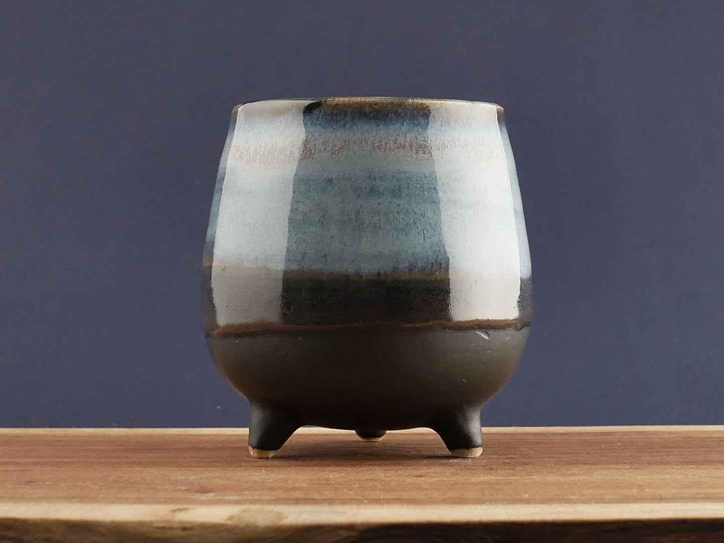 Handmade Tripod Pottery Cup - Blue & Black