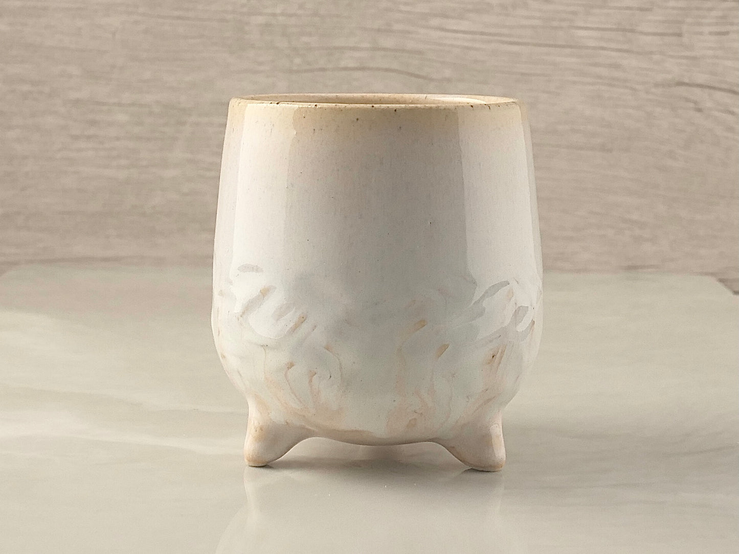 Handmade Tripod Pottery Cup - RoseWhite Texture