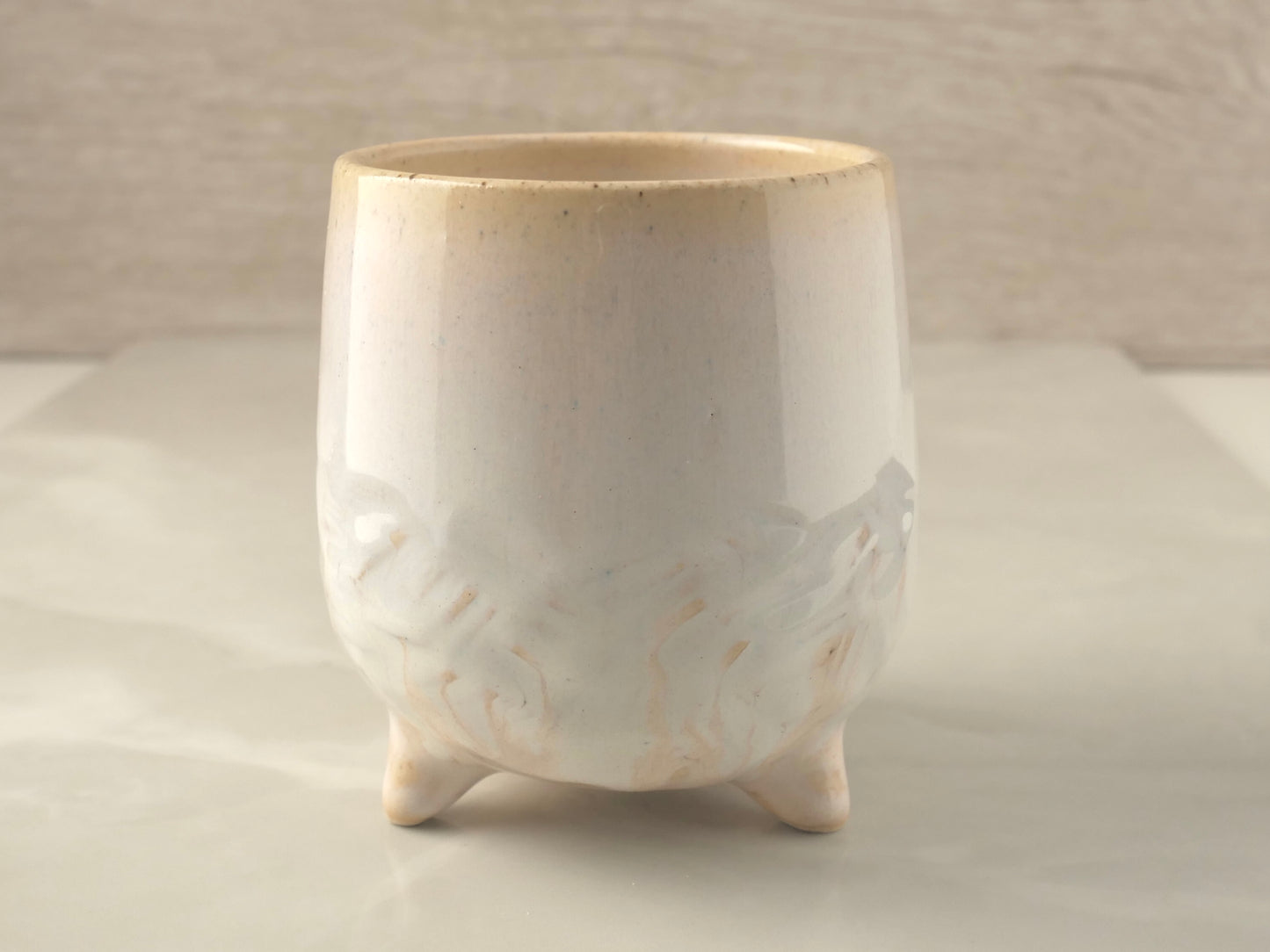 Handmade Tripod Pottery Cup - RoseWhite Texture