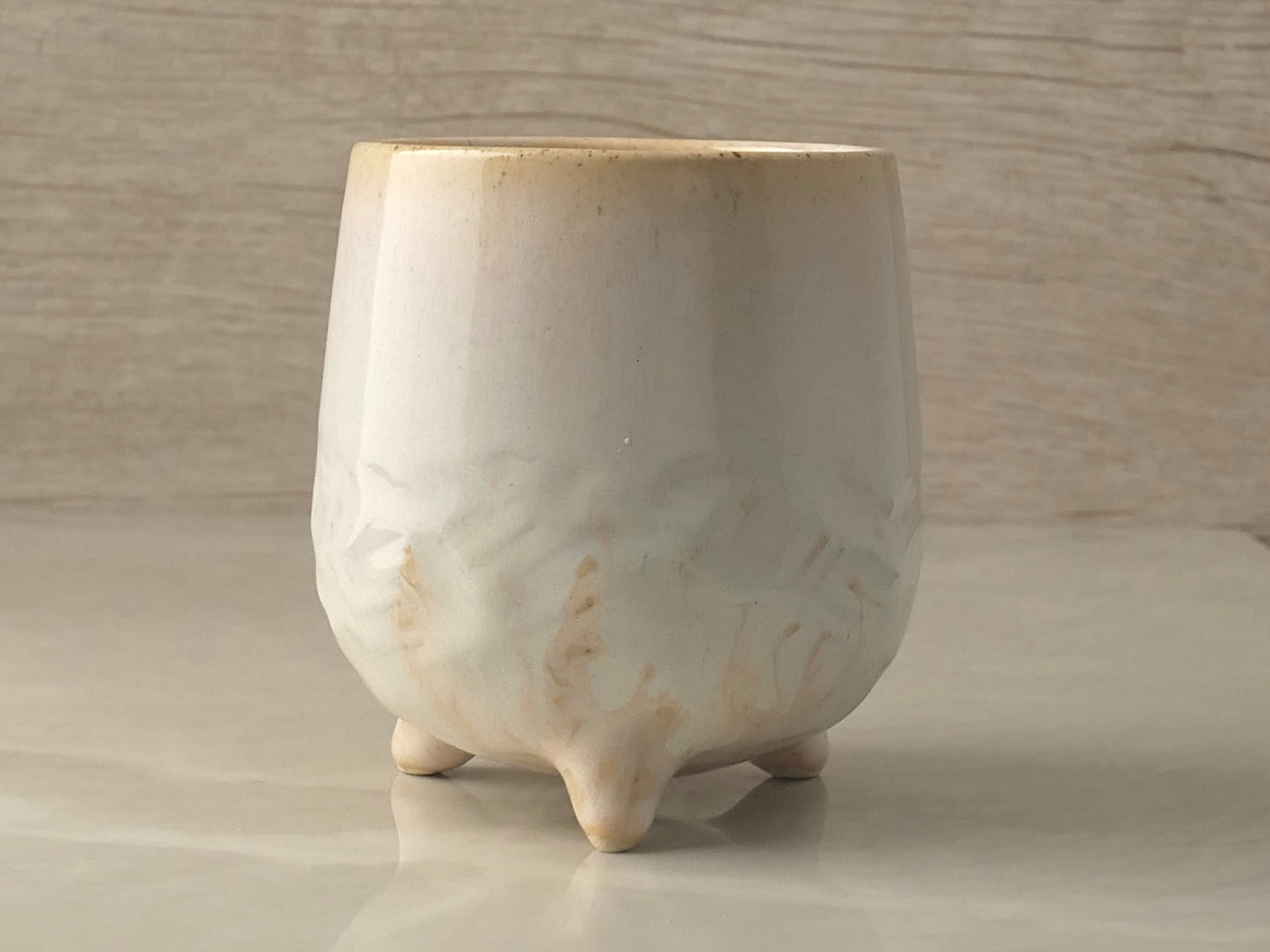 Handmade Tripod Pottery Cup - RoseWhite Texture