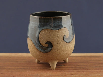 Handmade Tripod Pottery Cup - Ocean Wave
