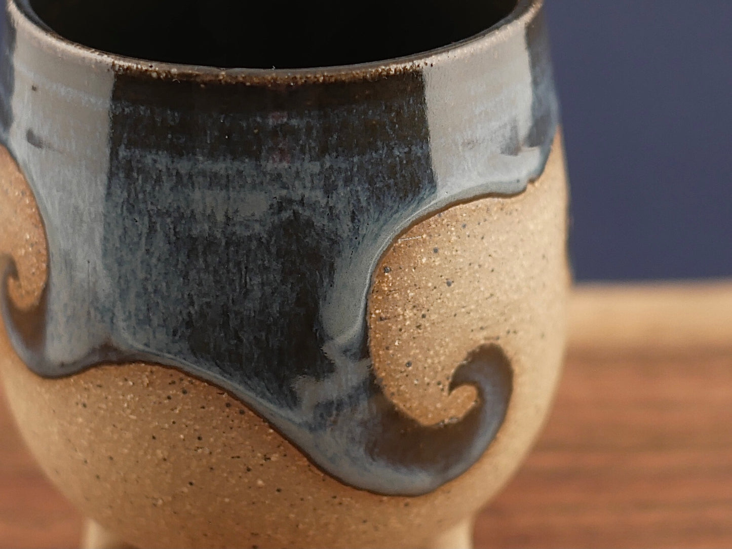 Handmade Tripod Pottery Cup - Ocean Wave