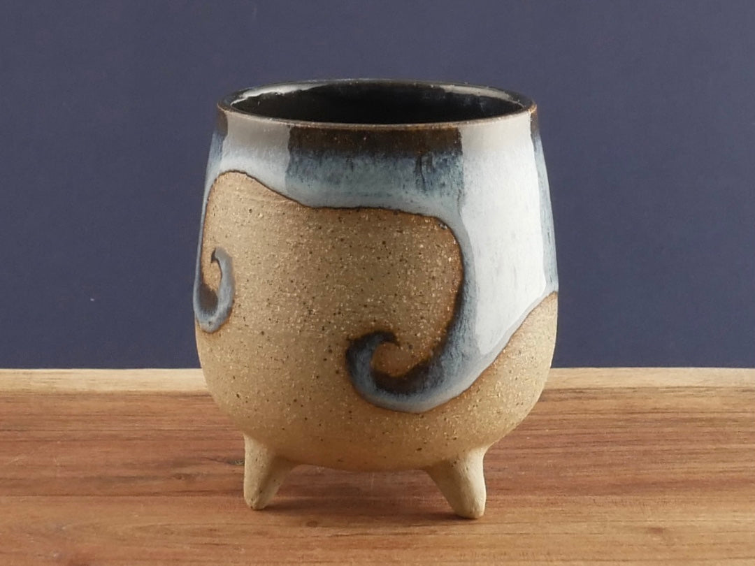 Handmade Tripod Pottery Cup - Ocean Wave (Light Blue)