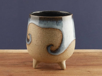Handmade Tripod Pottery Cup - Ocean Wave (Light Blue)