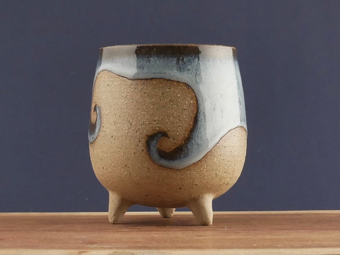 Handmade Tripod Pottery Cup - Ocean Wave (Light Blue)