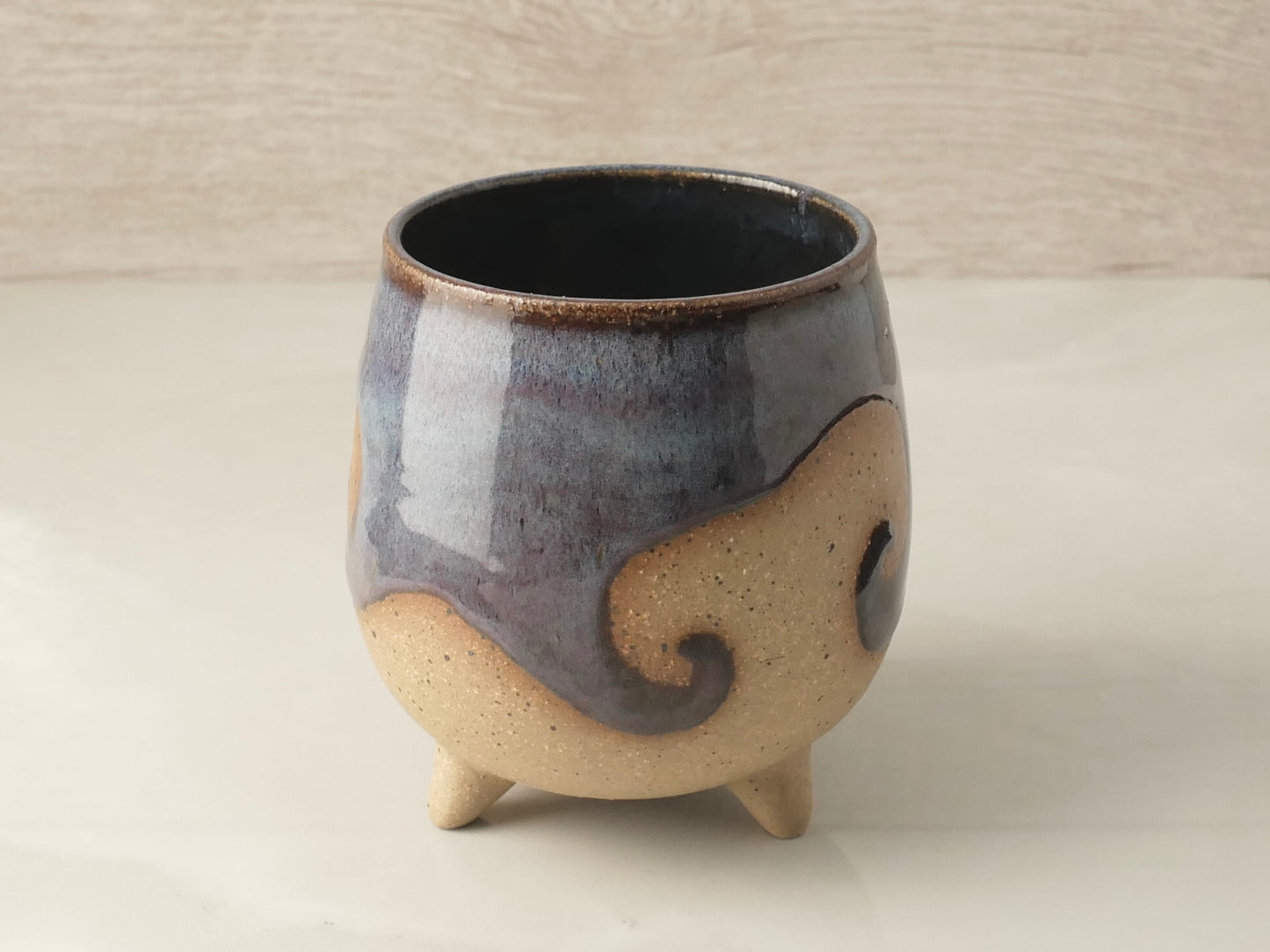 Handmade Tripod Pottery Cup - Purple Blue