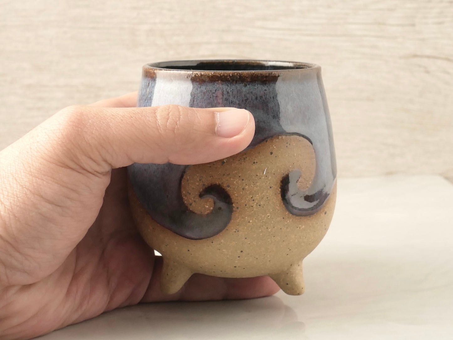 Handmade Tripod Pottery Cup - Purple Blue
