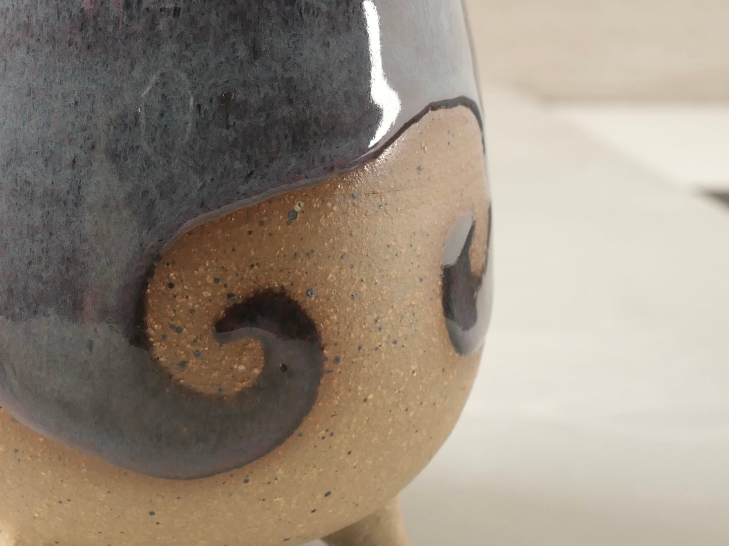 Handmade Tripod Pottery Cup - Purple Blue