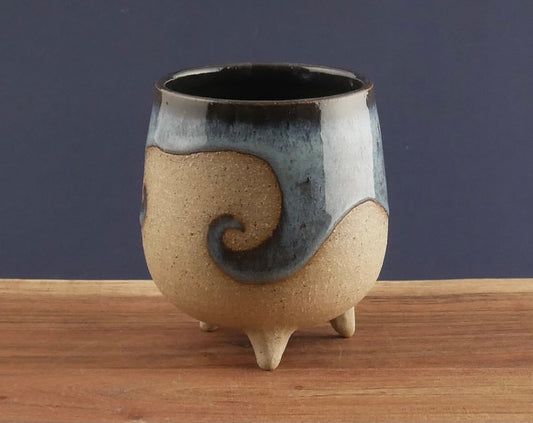 Handmade Tripod Pottery Cup - Ocean Wave (Light Blue)