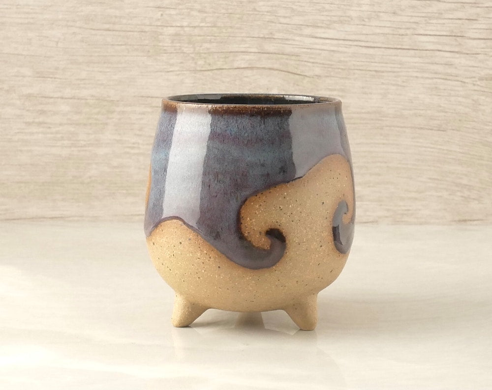 Handmade Tripod Pottery Cup - Purple Blue